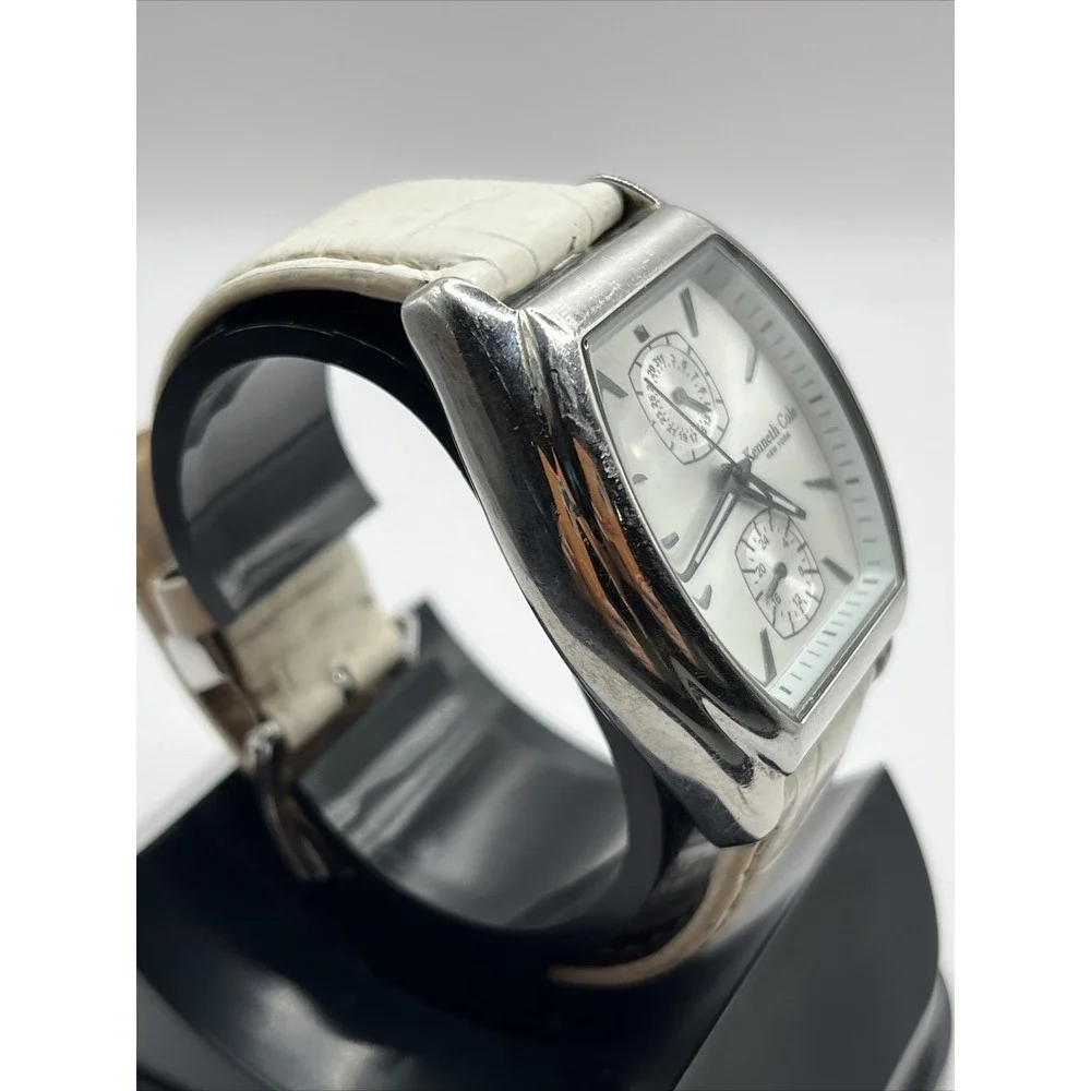 Kenneth Cole KC2317 Womens‎ White Tonneau Multifunction Silver Dial Leather Band